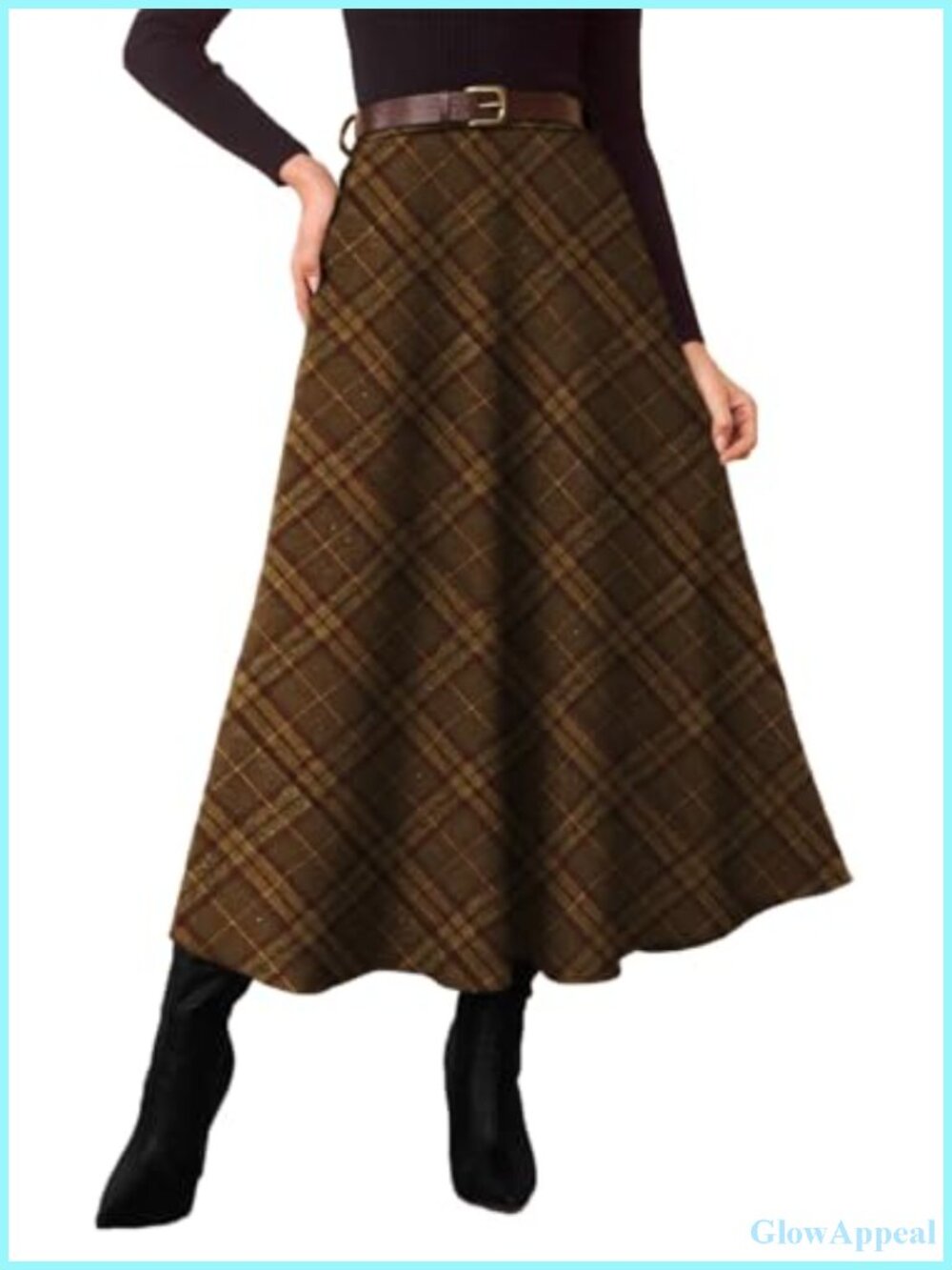 A-Line High Waist Plaid Midi Skirt with Pockets & Belt Loop